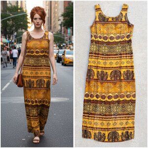 Vintage 90s Golden Tribal-Print Column Dress 11/12
